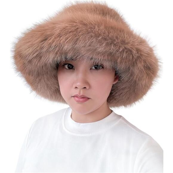 Oversized Winter Faux Fur Bucket Hat for Women Camel - Picture 1 of 5